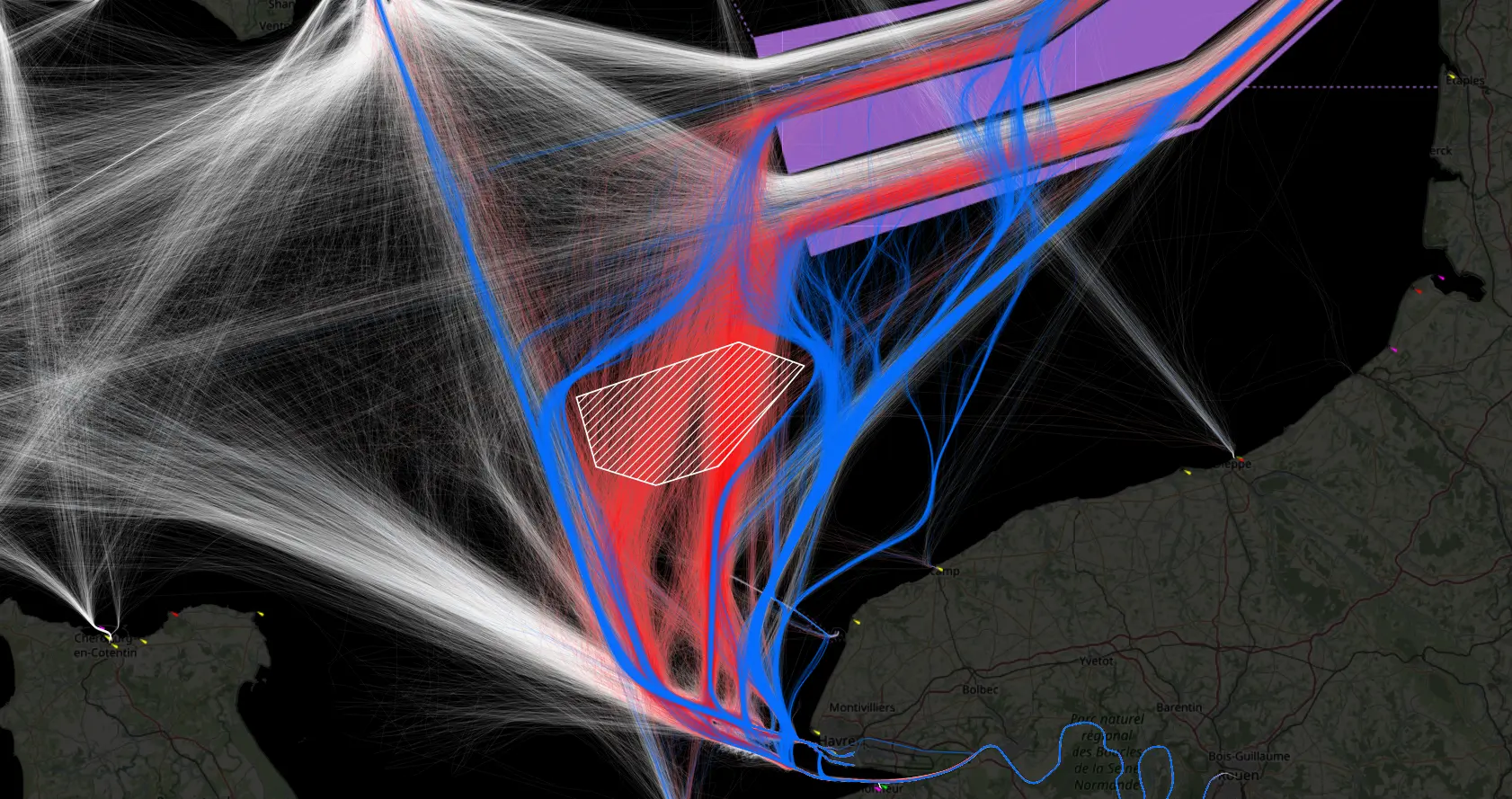 Screenshot of predicted vessel traffic around denied areas